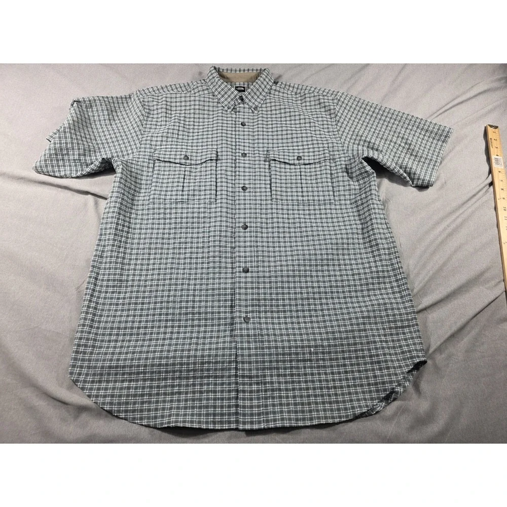 The North Face Seersucker Shirt Mens Large Bluish‎ Green Plaid Short Sleeve